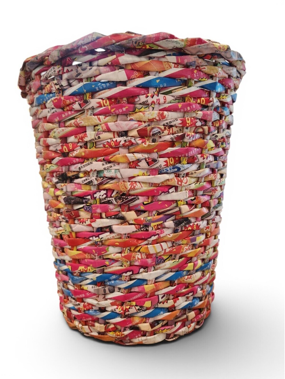 Hand Woven Japanese Candy Wrapper Basket Round Multicolor 11" Tall 10" Wide